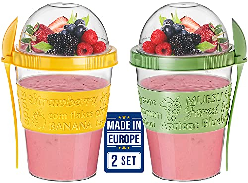 Crystalia Réutilisable Bol Muesli a Emporter Lot de 2 100% SANS BPA Yaourt to Go, Lave-Vaisselle, Boite Repas à Emporter Boite Yaourt Muesli to Go avec Cuillère et Couvercles, Bol Yaourt a Emporter
