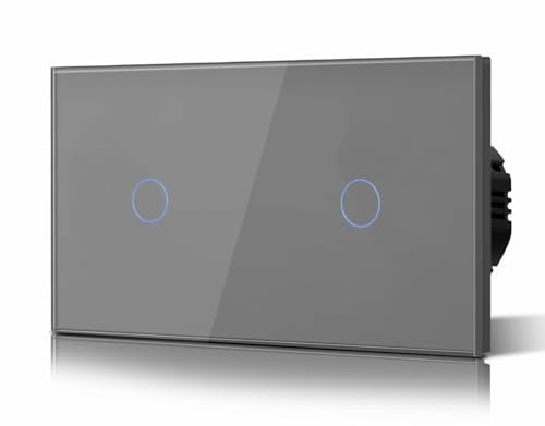 BSEED Doppelt Touch Lichtschalter aus Glas, Unterputz Wandschalter mit Leuchtanzeige(Kein Neutralleiter erforderlich), KEIN WLAN, 1 Fach 1 Weg, 157mm Grau