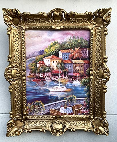 Bild mit Rahmen Barock Wandbild 56x46 Gerahmte Gemälde Meer Seeblick Segelschiff 56x46cm Bild in Antik Look Wandbild Landschaftsbild Segelboot Yacht Hafen Balcony Blick Terrasse mit Seeblick