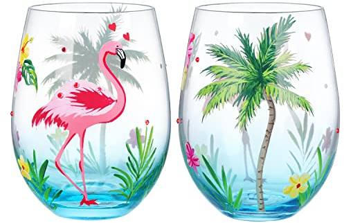NymphFable Juego de 2 Copas Vino Colores Vasos de Vóctel de Ginebra Sin Tallo de Flamenco Pintados a Mano Palmera Regalo para Mujeres, 18 oz