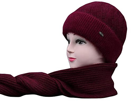 Jingyun Wintermütze mit Schal für Frauen Weich gefütterte Wintermütze Kit für Erwachsene Ältere Streifenmuster Strickmütze -Weinrot