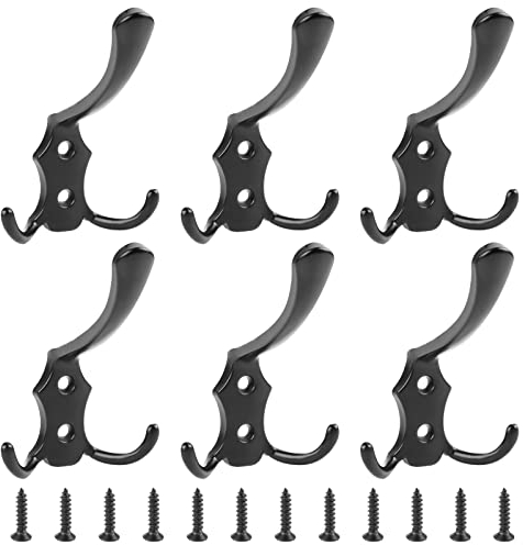 6 ganchos para ropa, perchero, perchero, perchero, vintage, doble gancho de cuello de cisne, ganchos de pared de metal negro, ganchos de pared retro con 12 tornillos para dormitorio y baño