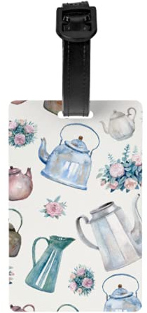 Luggage Tags Set of 2, Pattern Vintage Kettles Teapots Bouquets Luggage Id Label Cards with Detachable Wrist Strap and Address Card for Travel Bag Suitcase