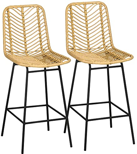 HOMCOM Barhocker 2er Set, Barstuhl mit Gestell aus Kunstrattan, Rückenlehne, Küchenstühle mit integrierter Fußstütze, Tresenhocker für Küche, Wohnzimmer, Esszimmer, Boho-Stil, Gelb