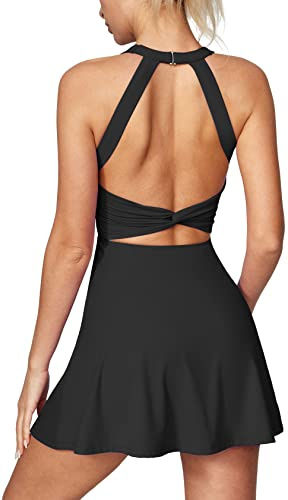IUGA Twisted Back Athletic Dress for Women Active Tennis Dresses, Black, M