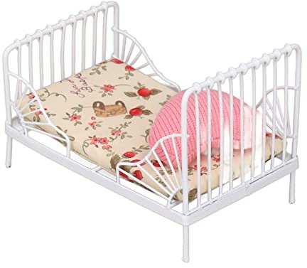 Puppenhaus Miniatur-Bett Set, 1:12 Maßstab, Metallrahmen mit Blumenmuster-Kissen, Dekoratives Miniaturbett