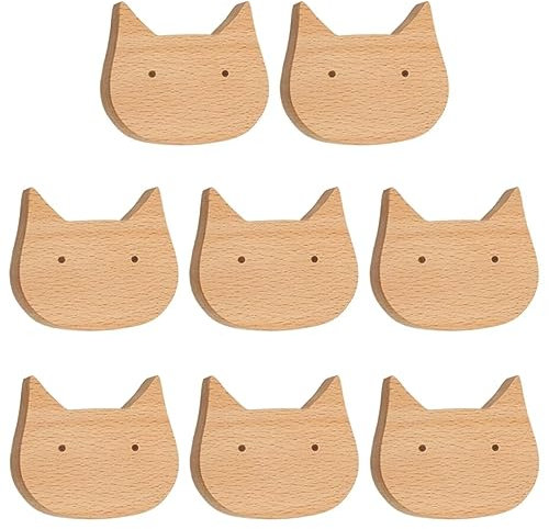 8 pomelli in legno per armadietti da cucina, armadi, porte, cassetti, cassetti, a forma di testa di gatto, ganci autoadesivi da parete in legno