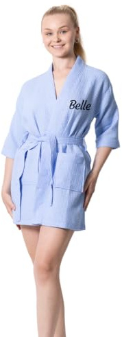 TOWELNROBE Accappatoi corti da donna in cotone a nido d'ape, tessuto quadrato, asciugatura rapida e morbido, elegante e al ginocchio, Cielo blu, Small-Medium
