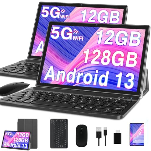 2026 Tablette 10 Pouces Android Octa Core avec 12Go RAM + 128Go ROM (2To TF) | 5G + 2.4G WiFi | FHD | GPS | Bluetooth 5.0 | 8MP + 5MP | Type C, Tablette Tactile avec étui, Clavier et Souris - Gris