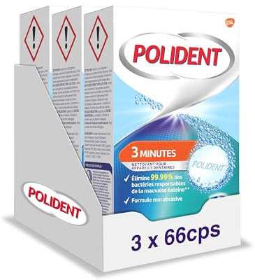 Polident Nettoyant Antibactérien 3 Minutes, Nettoyant pour Appareils Dentaires, Lot de 3x 66 Comprimés