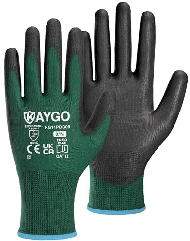 KAYGO PU beschichtet Arbeitshandschuhe für Herren Damen 12 Paar, KG11PDG | Schutzhandschuhe, antirutsch Grip an Handflächen und Fingern, Geeignet für Lager DIY Gartenarbeit (Dunkelgrün, M, Gr 8)