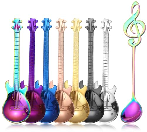 Pleafind Guitar Coffee Teaspoons, 8pcs Stainless Steel Musical Coffee Gifts for Men, Cute Tea Spoons Set Ice Cream/Dessert/Stirring/Sugar Spoon, Christmas Birthday Men Gifts, Dishwasher Safe