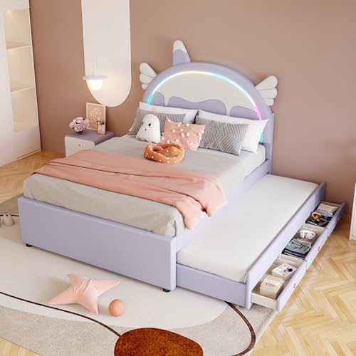 Azkoeesy Polsterbett mit Ausziehbett und 3 Schubladen, LED-Beleuchtung, Kopfteil in Cartoon-Einhornform, für Kinder, Jugendliche und Erwachsene, PU-Bezug, Lila, 140 x 200 und 90 x 190 cm