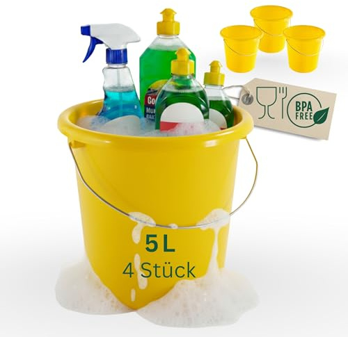 Novaliv 4 Stück Eimer 5L Gelb mit Maßeinteilung - Putzeimer 5 Liter ? 22,5 cm Praktischer Allrounder mit Skala für Haushalt & Garten ideal als Haushaltseimer, Wassereimer, Wischeimer, Bucket
