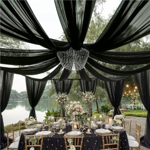 Mateju Hochzeit Deckenvorhänge Chiffon Stoff Drapierung Tüll Hochzeitsbogen Vorhang 1 Paneele Querbehang Freihanddeko für Hochzeit, Bogen, Zeremonie,Geburtstag, Bühne (Schwarz,150x600cm)