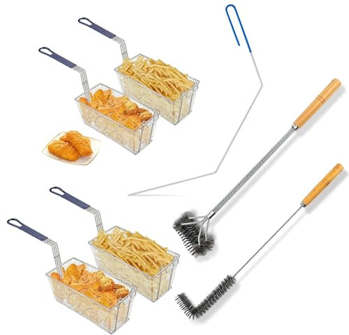 Set di 4 cestini di ricambio per friggitrice commerciale con spazzola per la pulizia della friggitrice, 33 x 15,2 x 15,2 cm, manico industriale antiscivolo, resistente struttura in ferro nichelato,