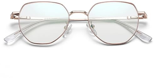 Polygonale Lesebrille aus Metall für Damen, Modische Computer-Lesebrille mit Blaulichtfilter, Leichte und Flexible Lesehilfe Brille(Rose Gold,1.5)