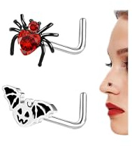 ZS 2 Pièces Halloween Piercings Nez Nez Stud, Acier Chirurgical L-Forme d'Araignée 20G Bijoux Nez Souris Piercing Pour Femme Homme (Araignée CZ rouge)