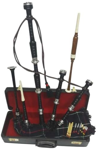 Great Highland Dudelsack mit Mackenzie Schottenkaro-Abdeckung und Zubehör, schwarzes Palisander, silberfarbene Halterungen, Holz-Tragetasche, gratis Übungschanter