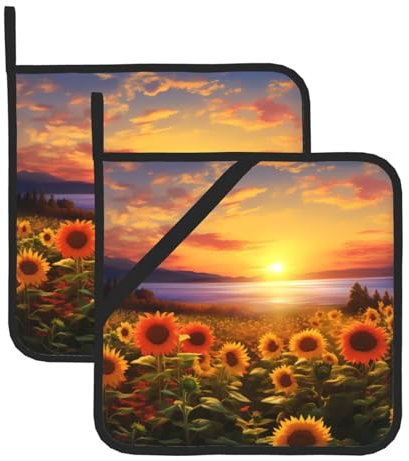 BROLEO Set di 2 presine da 20,3 x 20,3 cm, resistenti al calore e durevoli, accessori da cucina con tessuto impermeabile, immagine di campo di girasole, tramonto, mare di fiori