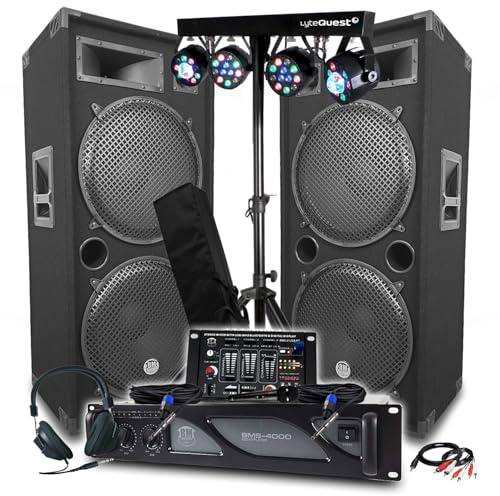 Pack Sono BM Bmsonic Amplificador 4000 W, par de altavoces LSC215 2 x 2000 W, mesa mezcladora Bluetooth, pórticos 8 luces LED