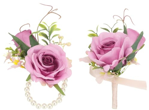 PATIKIL Artificial Flower Wrist Corsage and Boutonnieres Set, 1 Set for Men Women Groom Bride Groomsmen Wedding Ceremony Anniversary Dinner Party Graduation Decor Christmas, Pink
