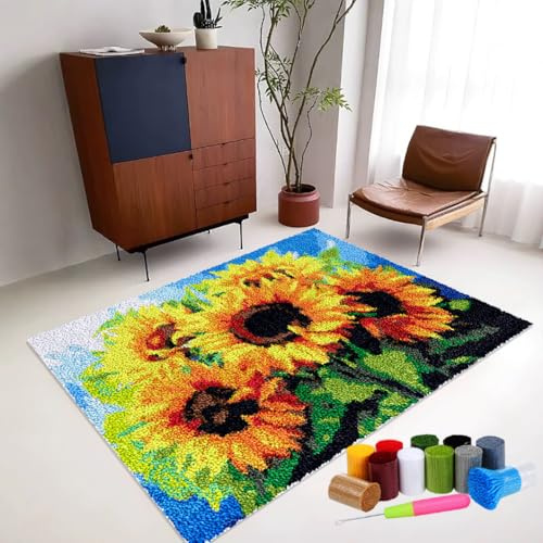 Kit de Tapis à Crochet Verrouillage Création de Tapis à Crocher pour Adultes Crochet à la main Kits Tapis Kit de Tapis de Crochet à Point Noué Coussin au Crochets à Loquet Bricolage 38 x 52 cm