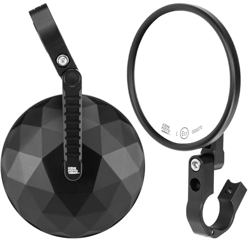 KEMIMOTO CNC Rétroviseurs Moto Homologués E57, Rotatifs à 360°, Rétroviseurs de Guidon Ronds, Compatibles avec la Plupart des Motos, VTT et Scooters (2 pièces)