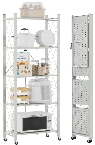 DEANIC Estantes de Almacenamiento Plegables, 5 Niveles de Metal para Almacenamiento, 61 x 147 x 28 cm, estantes esquineros de Cocina con Ruedas, estantes de despensa, estantería para Sala de Estar,