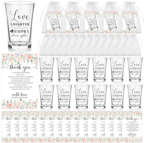 ULELE Juego de 36 vasos cortos de regalo de boda para invitados, vidrio de chupito de plástico transparente acrílico a granel con tarjetas de agradecimiento florales, bolsa de organza para despedida