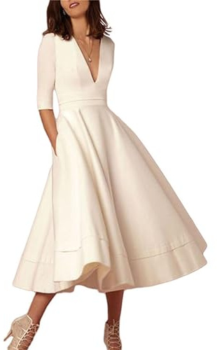 YMING Vestidos De Mujer Bolsos Elegantes De Fiesta De Damas De Honor Vestidos Sólidos De Midi Blancos L