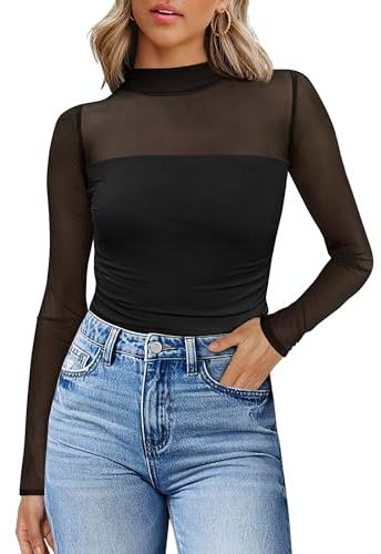 Sexy Tops for Women Date Night Spring Outfits Mesh Long Sleeve Lace Shirts Fall Concert Outfits Mock Turtleneck Fashion Clothing Beach Vacation Clothes Black S