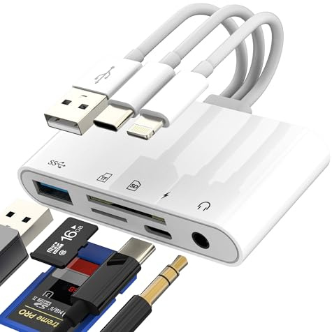 USB C Lightning USB Adapter (5in3) SD TF Card Reader OTG 3.0 3.5mm Headphone Type C Charging Cable iPhone 16 15 14 13 Camera Photo Transfer Flash Drive Micro SD Memory Compatible for Samsung