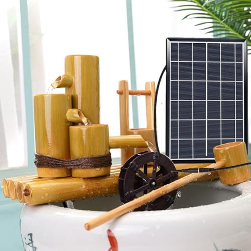 Fontana da esterno in bambù ad energia solare, giochi d'acqua per paesaggi zen, fontane con pannello solare da 6 W con design a ruota idraulica, beccuccio per giardino giapponese da esterno(80CM)