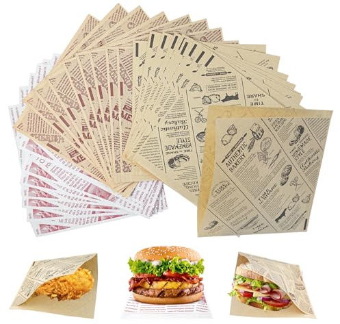 Herviso 150 pièces Papier Emballage Alimentaire,Papier Journal Alimentaire 15 x 15 cm,Résistant à l'Huile et à l'Eau,Feuilles de Papier Ciré pour Aliments de Hamburgers,Sandwichs,Frites et Snacks.