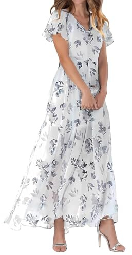 Generisch Women's Dresses Casual Dress Chiffon Flowers Short Sleeve Ruffle V-Neck Fashion Waist Flowing Dress Dresses Women's Large Sizes Summer Dress, White, L