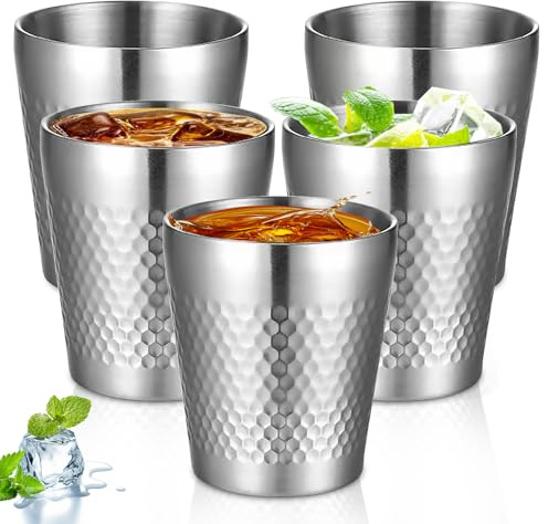 5 Stück Edelstahlbecher, 300ml Stapelbare Doppelwandige Metall Trinkbecher, Bruchsichere Schnapsbecher, Hammermuster Camping Tassen, Isolierte Edelstahl Trinkbecher für Bier, Saft, Wasser