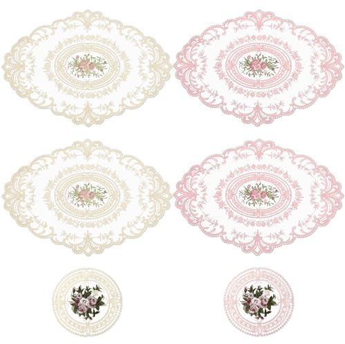 6 Piezas Manteles Individuales de Encaje, 2 Colori Mantel de Encaje con Flores, Tapetes de Ganchillo Manteles Individuales Ovalados Redondo con Bordado Floral para Cocina Comedor Camping