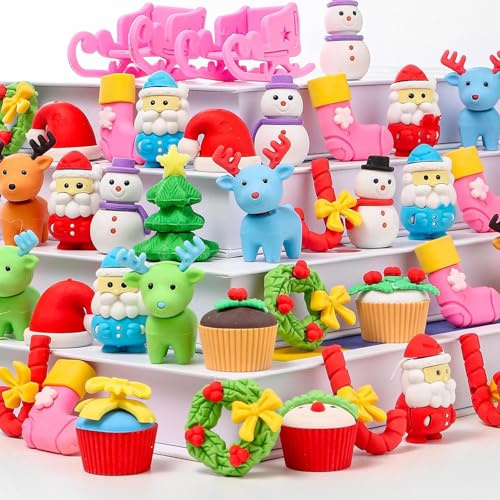 LATERN 60 Stück 3D Weihnachts Radiergummis, Zusammenbauen Puzzle Radiergummis Weihnachtsmann Rentier Schneemann Weihnachtsbaum Radiergummi für Weihnachten Party Gastgeschenke Klassenzimmer Belohnung