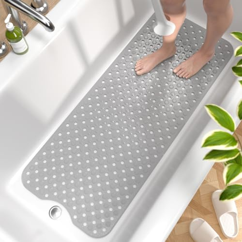 HITSLAM Badewannenmatte rutschfest, 101 x 40cm Lange Antirutschmatte Badewanne, Duschmatte rutschfest BPA Frei, Schimmelresistent & Maschinenwaschbar, Schnelltrocknend und Leicht zu Reinigen, Grau