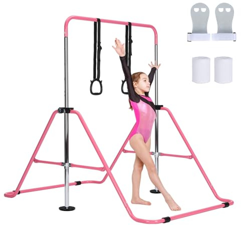 M.J COMFY-LIFE Gymnastics Bar Adjustable Junior Bar for Kids Ages 6-12 with Rings & Grips – Safe Triangular Gymnastic Bar for Home, gymnastics pole 5 Height Levels, up to 120 lbs (Without Mat, Pink)