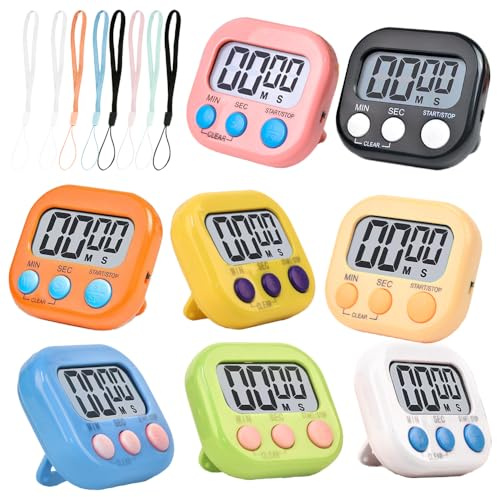 Dhqkqg 8 Stück Timer Digital Magnetisch,KüChentimer Digital,Eieruhr Digital,Küchentimer Magnetisch,Kurzzeitwecker Küche mit Klappbarem StäNder Und Display, für Kochen Backen Sport Lernen Bunt