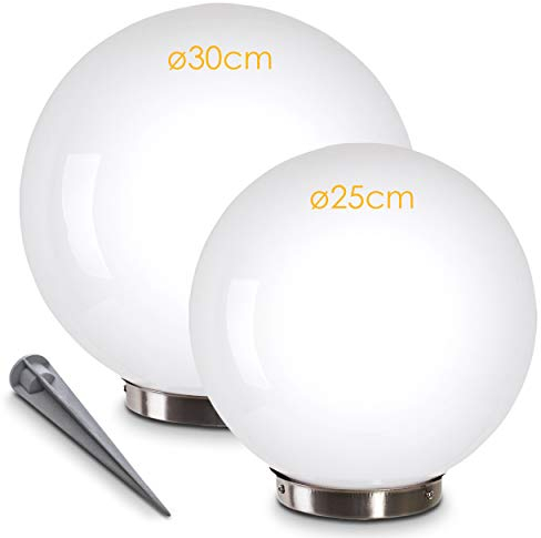 Lámpara solar Nassau, Juego de 2 lámparas bola, Lámparas bola de plástico blanco, Ø 25 y 30 cm con pica de tierra, con interruptor de encendido/apagado, Lámparas solares con interruptor crepuscular