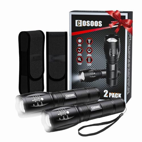 COSOOS 2 Tactical Flashlights with Holsters, Bright LED Flashlight 1000 Lumen, 5 Mode Portable Zoomable Waterproof Flash Light for Hiking, Outdoor Camping Gear Essential, No AAA Battery