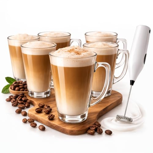 GLOW Wholesale Set of 6 Latte Glasses with Frother – Premium Pack of Stylish 11cm Cafe Mugs Cups 240ml - Ideal for Tea, Coffee, Latte, Cappuccino, Espresso, Hot Chocolate and More