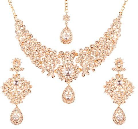 Touchstone Indian Bollywood Charming Look Fine Filigree Sparkling Rhinestones Designer Jewelry Necklace Set In Gold Tone For Women.