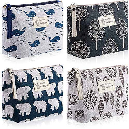 BOAO 4 Pcs Canvas Cosmetic Pouches for Purse Makeup Bags Set | Small with Zipper Cute Multi Functional Toiletry Travel Organizer for Back to School Women Gift, 4 Styles