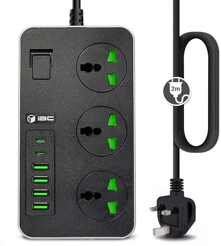 iBlockCube Universal Extension Lead with 6 USB Ports | 2 Meter Cable Power Strip Surge Protector, Wall Adapter Power Hub w/Switch | Fuse & Shutter, 3 Way Gang Socket Electrical, UK Plug (Black Gray)