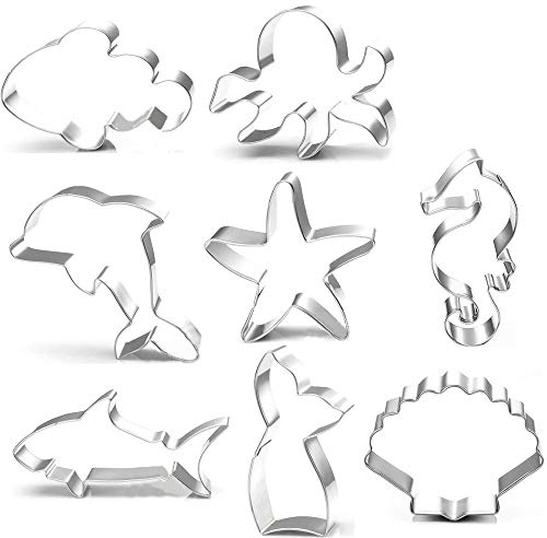tarumedo Ausstechformen-Set, 8 Stück, Ozean-Kreaturen, Meerjungfrauenschwanz, Delfin, Seestern, Muschel, Seepferdchen, Hai, Clownfisch, Edelstahl, Keksformen, Kekse, Fondant