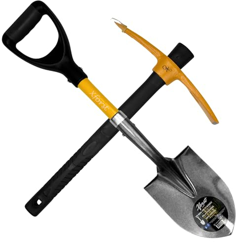 Xforst Spitzhacke + Schaufel als Gartenset für Gartenarbeit, Camping, Wandern, Schneeset und Strand. Gartenwerkzeuge aus Glasfasergriff und Kopf aus geschmiedetem Stahl. Modell X-PF00 & X-S800